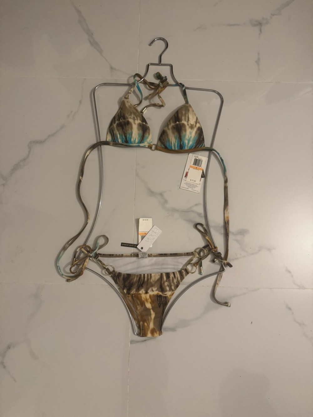 Triangle Tie-Side Bikini in Brown & Teal Accent